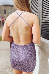 Sparkly Purple Sequin Backless Tight Short Homecoming Dress